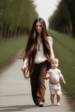 Woman, long hair, walking with baby