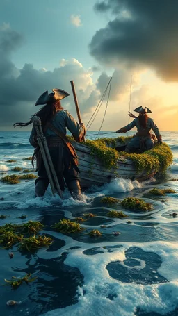 Two pirates pushing to the ocean An abandoned boat covered with see weeds