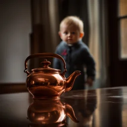 Reflection of a child on an old copper teapot