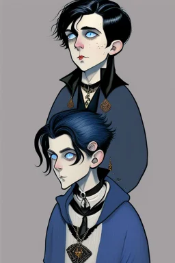 black haired blue eyed young man wizard with gothic jewelry in the style of charles addams