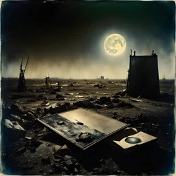 Photorealistic polaroid style nothingness and distress, wasteland night Max Ernst Hieronymus Bosch, volumetric light, movie shot, details, high contrasts, nightmare, hypermaximalist