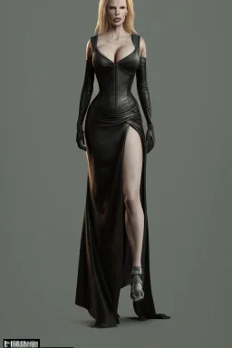 Kim Basinger in black leather gown, evil, femme fatale, busty, cleavage, curvy, angry, happy, stern look. character design by cory loftis, fenghua zhong, ryohei hase, ismail inceoglu and ruan jia. unreal engine 5, artistic lighting, highly detailed, photorealistic, fantasy