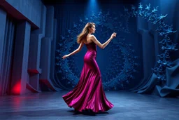 modern stage with gray-blue theme artistic decoration , color full dynamic lighting, a beautiful lady in modern maxy dark purple red dress with shining silver jwells dancing, 3D recursive fractal structure animating background