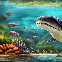 beautiful, stunning paleoart of mosasaurus swimming underwater with coral reefs, plants, wide-angle lens, in the style of eleanor kish, davide bonadonna, fabio pastor, Jurassic Park photorealistic, illustrative, digital art, 8k resolution, detailed matte, painting, artwork, masterpiece