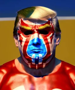 Realistic image of Donald trump wrestler, Mexican wrestling style, Mexican wrestling mask, chin and nose visibles, red and blue breeches, glow us flag dress, suspenders, retro style, 80s, vibrant color, highly detailed, sky background, concept art, unreal engine 5, god rays, ray tracing, RTX, lumen lighting, ultra detail, volumetric lighting, 3d, finely drawn, high definition, high resolution.