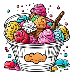 create a coloring book page of an ice cream in a tub , high contrast, easy to color, bold outline, white background