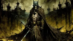 Medieval Batman in the style of, macabre, gore, horror, eerie, dark fantasy; HDR, UHD, TXAA, Ralph Steadman, Seb Mckinnon, impressionism, dadaism, surrealism