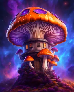 A lonely floating island mushroom house in space. orange blue purple, deep space nebulas. Detailed gloss Painting, bright color, fantastical, intricate detail, splash screen, hyperdetailed, insane depth, concept art, 8k resolution, trending on Artstation, Unreal Engine 5, color depth, backlit, splash art, dramatic, High Quality Whimsical Fun Imaginative, good composition