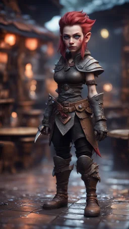 full figure with metallic stone gauntlets holding dark jagged dagger, standing on wet tiled floor outside fantasy tavern, focused female brownie vampire gnome from worms armageddon wearing makeup, bokeh like f/0.8, tilt-shift lens 8k, high detail, smooth render, down-light, unreal engine, prize winning