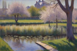 amazing sunny spring day, trees, flowers, fence, little pond, gustave caillebotte impressionism painting