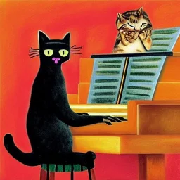 cat playing piano in style of frida kahlo painting