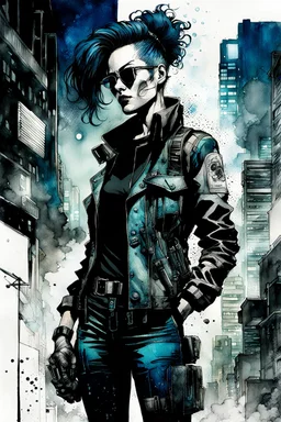 create a negative and juxtaposed ink wash and watercolor illustration of a female cyberpunk private detective with prosthetic arm in flak vest, with highly detailed , sharply defined feminine facial features, in a chaotic, turbulent, otherworldly Tokyo in the graphic novel style of FRANK MILLER, and BILL SIENKIEWICZ, precisely drawn, inked, with dramatic edges, chiaroscuro ,