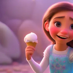 cute, adorable, smileing girl eating ice cream, candies flying all around her, Pixar, disney, cinema lighting, gaming, 8k, magic, love --q 1 --v 4