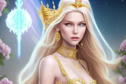 beautiful, very soft, smiling, very straight and long blonde hair, dewy and shiny vibe, diamond crown, long fairy wings in the back, full head, golden veil clothes, smiling, bachground light pink and blue