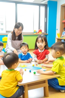 6 kindergarten children are busy playing with their teacher in a wonderful classroom