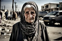 Leica environmental portrait of elderly woman in Gaza, on a street bombed by the Israeli army