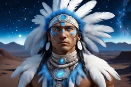 indiano d'america con gli occhi blu, il suo costume è azzuro blu con piume blu e bianche, ma anche un po' cosmico-futurista. Il paesaggio è di natura Nativa con una notte stellata, un cielo luminoso pieno di galassie brillanti