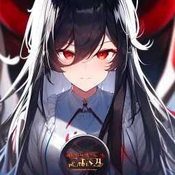 Clear focus,High resolution, black long fluffy hair, long fluffy bangs, red eyes, wearing a lab outfit, extreme close up, evil smile, front hair cover eyes