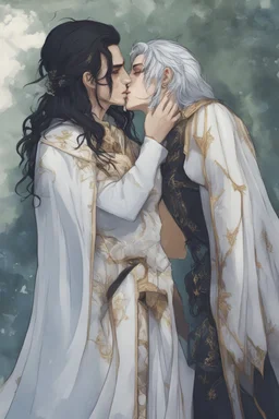 A couple from the dnd game curse of Strahd kissing. She has white hair he has long black hair. Romantic, sweet, loving, possessive, protective, kiss