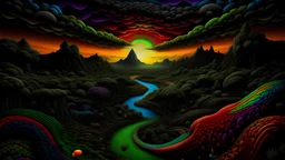 All Black Rainbows || surreal landscape, in the styles of Douglas Smith and Jim Woodring and Patrick Arrasmith, mixed media, cinematic, sharp focus, highest resolution