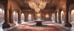 Hyper realistic detailed inside historical indian castle with chandeliers & ceiling paintings & glass work on pillars with beautiful carpet & water fountain