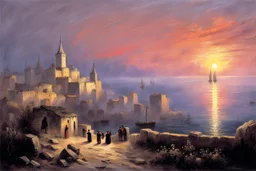 a medieval town by the sea at sunset by artist "Ivan Constantinovich Aivazovsky"