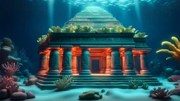 Underwater temple mayan on the ocean ground, inside hyperrealistic 16k, 3d rendering, expressively detailed, dynamic light, neon lighting, outside underwater world with plastic pollution