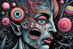 got to be crazy Raving and Drooling || horror surreal tribute to Pink Floyd, expansive, sharp focus, in the styles of Gerald Scarfe and Yves Tanguy and Ian Miller and Kenny Sharfe, intricate details, visceral textures