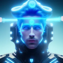 Handsome galactic man with blue and blond hair in the wind, lightining tron suit, lights, hight détails, cinematic, artstation, unreal engine 5, stars in background