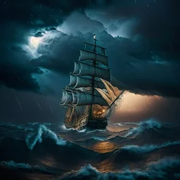 transatlantic ship in the middle of a storm at sea, Victorian era, Americana, Night with Moonshine, Black storm clouds in background, Stormy sky with rain and thunder, Stormy ocean, Ominous stormy sky background, (((Earthy and natural color palette)))