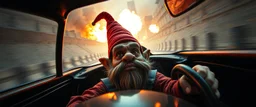 weird perspective worried human race car going sideways in ramp driver close up portrait of dj troll gnome pilot looking down on cam, with background in the style of escher and giger, a chill contrapunctus fugue in the style of fsol, beethoven, goa trance breaks, dancefloor drum and bass, burning cars, fire and explosions