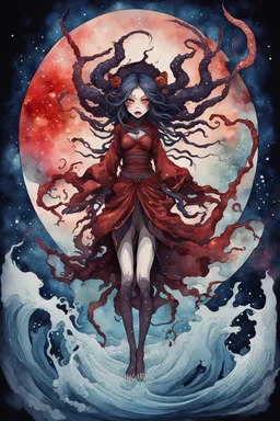 Demon girl wizard behind, cosmic horror, nightmare, galaxy in eyes with dread, truth, alien underwater, fullbody, watercolor illustration by <Katsushika Hokusai>, darkred tones,