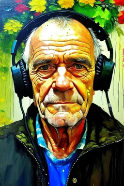 acrylic portrait of a grandfather, emotions, rain, flowers, umbrella, autumn, paint blots, splashes, tears, plants, yellow, blue, green, orange colors