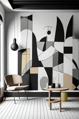 Create handpainted wall mural Create handpainted wall mural with abstract shapes inspired by Cubism, incorporating Suprematist simplicity. Choose a monochromatic palette to create a harmonious and unified composition