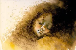 Small girl with long curly brown hair sleeping in god's hand (a big, clear hand) watercolor and ink, golden patina, glitters in ochre, backlit, mist and fog