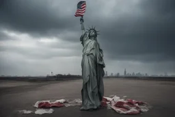 the statue of liberty, dress dirty and torn, her face solemn and terse, trash littered at her feet, she holds a crumpled american flag, she walks away with back turned under a dark and dreary sky, wide angle