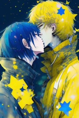 portrait anime man kissing man, ,yellow, stars hearts water, blue, watercolor, Yoshikata Amano, Edwin Landseer, Ismail Inceoglu, Russ Mills, Victo Ngai, Bella Kotak, hyperdetailed 8K resolution HDR DSLR, ultra detailed, ultra quality, CGSociety, intricately detailed, color depth, gliter, kiss