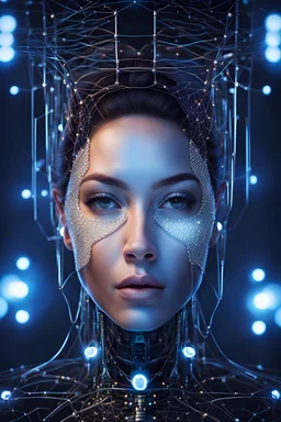 A stunning illustration of an ethereal neural network organism, half of the face is robotic skeleton, stunning facial details, 45 degree angle of view, art, elegant, hologram, electro, Cinematic lighting, Volumetric lighting, Epic composition, Photorealism, Bokeh blur, Very high detail, Sony Alpha α7, ISO1900, Character design, Unreal Engine, Octane render, HDR, Subsurface scattering