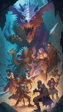 rpg cover with a group of adventurers fighting a dragon