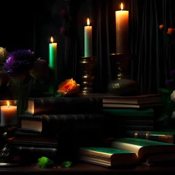rave on books with flowers and lit candles dark moody art with browns green earthy tones, deep purples, hyper realistic maximalist concept art
