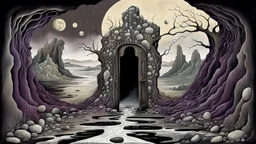 painted inner world with uncontrolled mind and neurodivergens soul, floating rocks over surreal cracked weird landscape . one cracked bridge between two dark door. deep dark purple, gray, black, white, brown, malachit, cream color. Whimsical strange style of myro, of Quentin Blake and Redmer Hoekstra. No people in picture, weird absurd beauty nightmare, black rawen, in background fade neuron network-web, surreal vibe,
