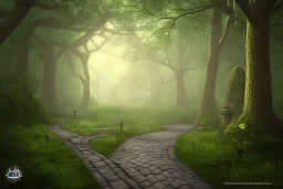 wooded forest cobblestone path lantern