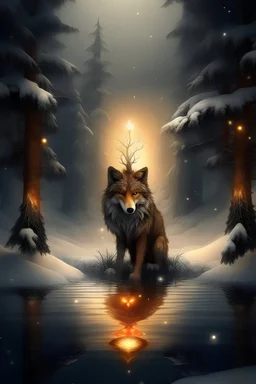 Real fantastic Christmas Tree heart background fairytale forest water heart fire great majestic wolf