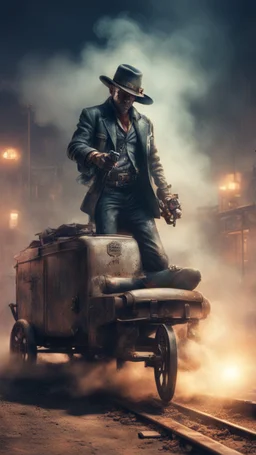 postcard portrait from cyberpunk fallout 4 tower top of cowboy midget whiff of smoke from gun sexy cowboy old boots by rail road wagon, picking up body, in spotlight, magazine cover illustration with spray paint, signed, bokeh like, down-light, unreal engine, prize winning