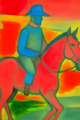 Man on horseback in the style of Paul Klee, Degas, pastel chalk with thin sketchy lines, vibrant colours, ink transfer