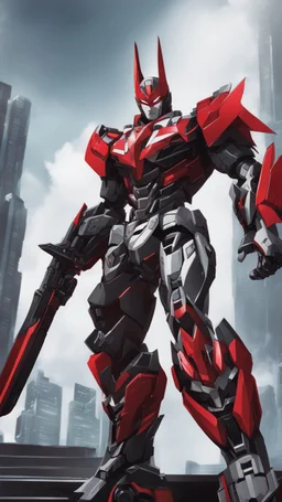 A close picture to Mix between machine and batman in transformers cyborg with black metal and red armor in solo leveling shadow art style with red details detailsis in fantasy world