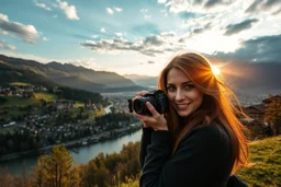 Create hypeCreate hyper-realistic photo of [Swiss] hills ,river, escape . Soft bright daylight, . DSLR quality, sharp focus.r-realistic photo of [Swiss] city scape. . Sunrise cloudy sky godrays ,beautiful lady in closeup look at camera ,full body. DSLR quality, sharp focus.