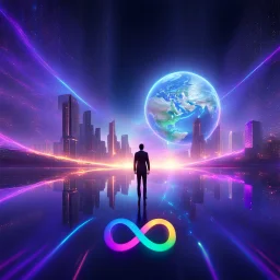 3D infinity symbol ∞, infinity figure-of-eight symbol is totally-symmetrical and brightly coloured, man silhouette facing epic scene of building, glowing earth, water, network and lights, exotic, inspiring, fantasy, neon, friendly, beautiful, octane render, 8k post-production, artstation: award-winning: atmospheric: commanding: fantastical: clarity: 16k: ultra quality: striking: brilliance: liquid medium: stunning colors: amazing depth; lens: f/8, 28mm