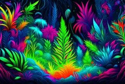neon luminescent rainforest polychromatic UV-enhanced blacklightied digitally enhanced rainbow colored marijuana isometric crystal fusionArt mysterious jungle painting