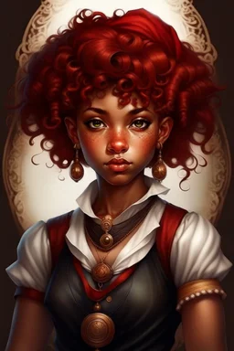 young mulatto sorceress, brown eyes, short wavy blood-red hair, dressed in a steampunk style